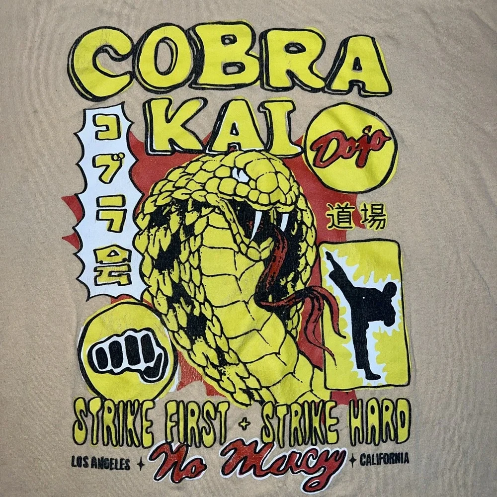 Cobra Kai Strike First Strike Card No Mercy Tan Kids Med Tshirt Gap kids Karate